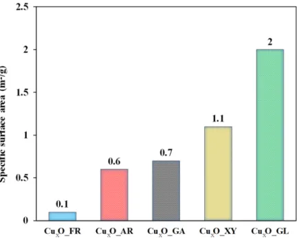 Figure 5. Specific surface area of the Cu 2 O samples—N 2  adsorption measurements (BET). 