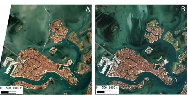 6. ábra. Velencei-lagúna műholdképe A) 2020. február 20-án és B) március 19-én (Braga, F
