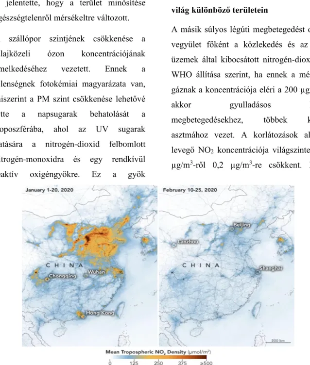 3. ábra. NO 2 -kibocsátás Kínában a lezárások előtt (balra) és után (jobbra)  (Forrás: Európai Űrügynökség (ESA), Sentinel-5 műhold, 2020) 