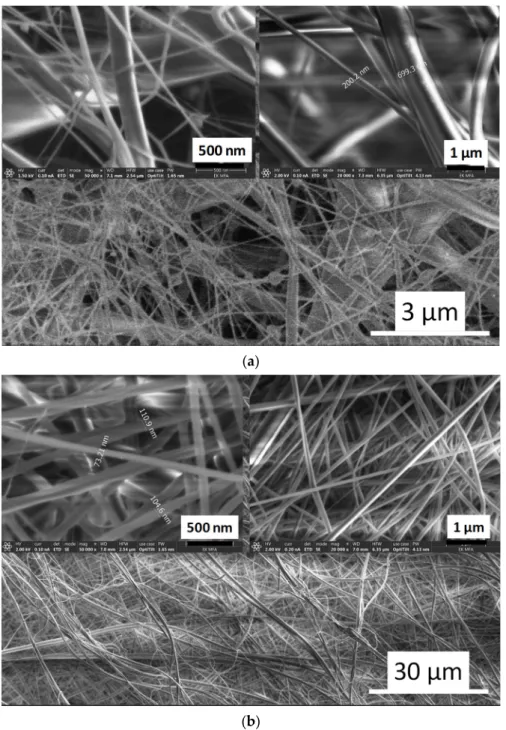 Figure 6. SEM images on pure cellulose acetate (a) and PVP (b) biopolymer fibres.