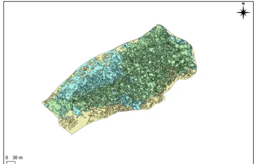 5. ábra A három fő élőhely csoport Vörös-kővár területén (Jelmagyarázat: dárga – peremterület; kék – cserjés  terület; zöld – erdő terület) (Forrás: Interspect Kft.) 