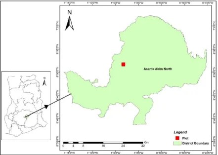 Figure 1. A map highlighting the Eucalyptus plot and Asante Akyem North District in the  Ashanti region of Ghana.