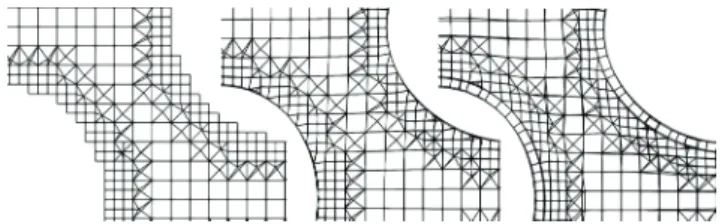 Fig. 1 The three refinement level of snappyHexMesh utility. From left  to right: castellated mesh, snapped mesh, add-layers mesh