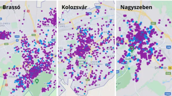 2. ábra: Airbnb szállásmegosztó platformon elérhető szállások Brassó, Kolozsvár és Nagyszeben  Figure 2: Accommodation available on the Airbnb accommodation sharing platform in Brasov, 