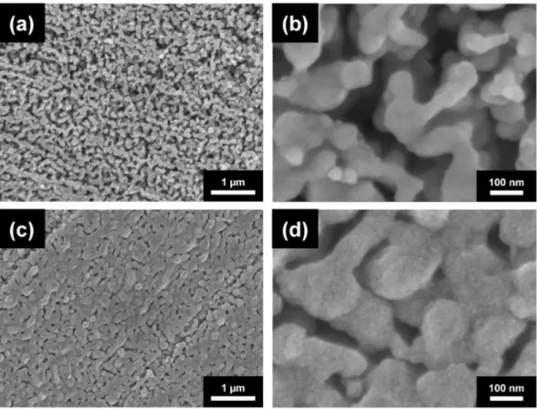 Figure 10. SEM images of Cu nanofoams oxidized at (a,b) 170 ◦ C for 30 min and (c,d) 200 ◦ C for 30 min.