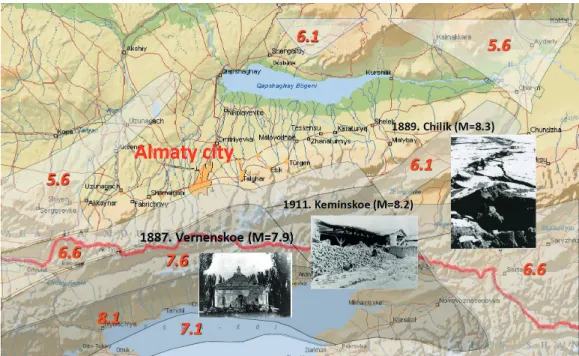 Fig. 8 Major earthquakes in Kazakhstan. The shaded areas show the affected region by each event