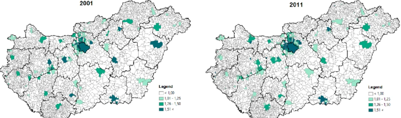 Figure 4. Concentration of the population with tertiary education over 25 (LQ)  Source: Own calculation and editing based on Census data, 2001, 2011 