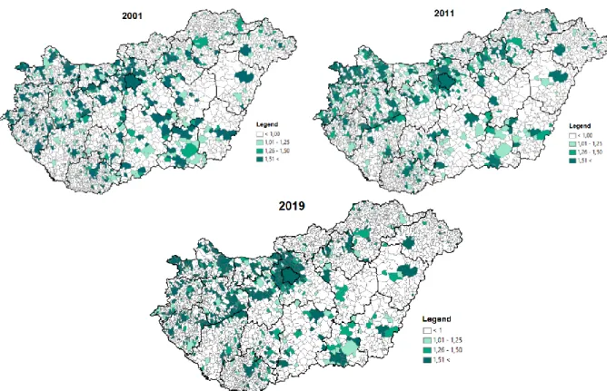 Figure 5. Concentration of the unemployed with higher education (LQ)  Source: Own calculation and editing based on NES data, 2001, 2011, 2019 