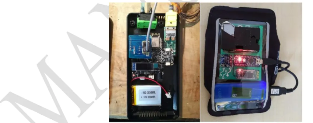 Fig. 4.  Nodes in their more advanced prototype boxed-packaged form. Left: fixed node; Right: wearable node with arm fixture