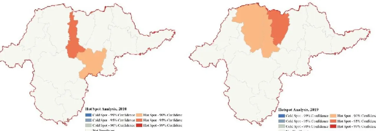 Figure 10: Hotspot analysis in the districts of Borsod-Abaúj-Zemplén County in the  proportion of participants in training compared to the resident population standardized 