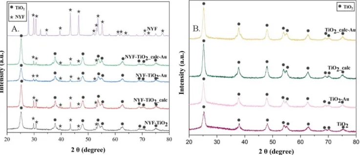 Fig. 1. A. XRD patterns of the composites containing both NYF and TiO 2 . The reflections of both materials can be observed, while the reflections of Au nanoparticles  were not detectable