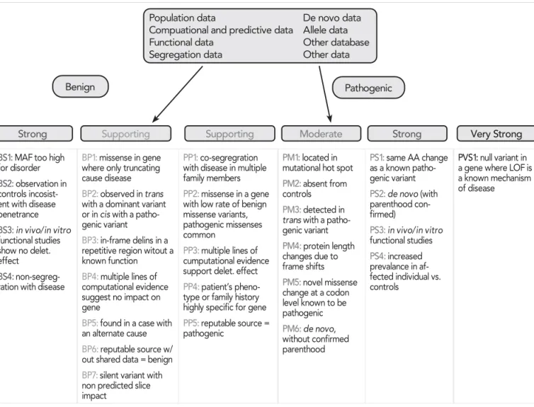 FIGURE 1. Criteria for classifying varints by the type of evidence as well as the strength of the criteria for a benign (left side) or  pathogenic (right side) assertion
