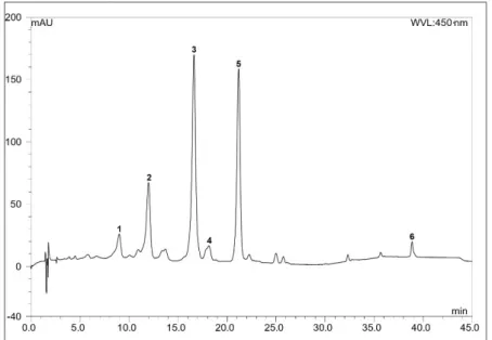 Figure 2. The HPLC chromatogram of the crystallized extract of Meliloti herba. Detection at 450 nm;