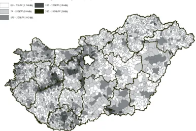 5. ábra: 1000 családi házra jutó lakossági HMKE kapacitás (kW)  területi megoszlása 2020