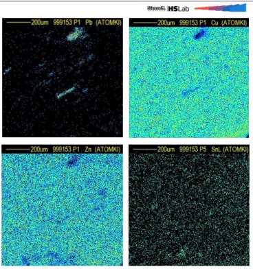 16. kép. Pb szemcsék és Cu, Zn, Sn elemtérképek (pásztázott  terület 1mm × 1mm) a 63b_1 mintavételi ponton