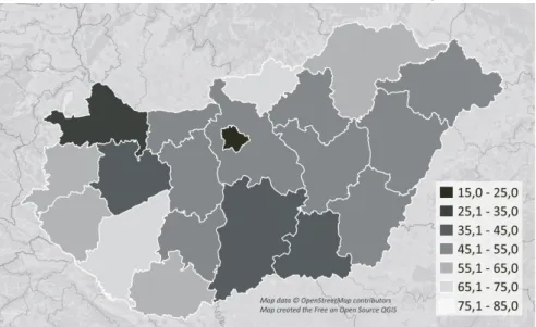 4. ábra: A helyi élelmiszerrendszer megyei szintű fejlődési potenciálja (ÉRTI p ) 2019 The development potential of the local food system on a county basis (ÉRTI p ) 2019