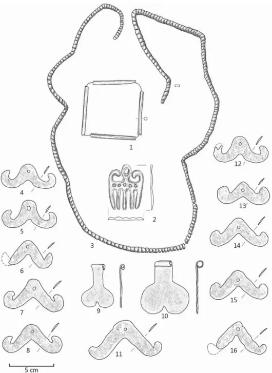 Fig. 4. Pusztas ark anyt o (Mosd os-S ark anyt o-puszta): pendants and beads