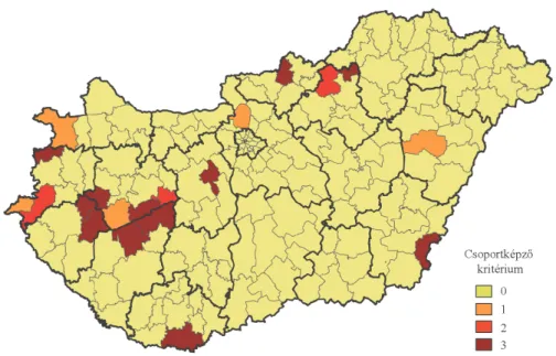 4. ábra. A kkv-k működése alapján sérülékeny térségek (járások), 2020  (Vulnerable areas [districts] regarding the operation of SMEs, 2020) 