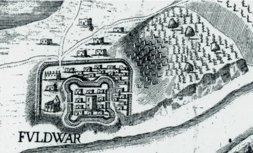 1. kép. Dunaföldvár muszlim temetője a visszafoglaló seregek útját ábrázoló 1686-os  térképlapon (Wosinsky Mór Megyei Múzeum)