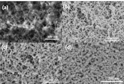 Figure 2. LVSEM images of silica-casein aerogel samples. (a) Pristine, uncoated. (b–d) Sputter coated with 5 nm, 16 nm, 32 nm thick Au layers, respectively.