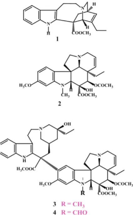 1. ábra. a Vinca alkaloidok közé tartozó katarantin (1) és vindolin (2),  illetve a belőlük felépülő vinblasztin (3) és vinkrisztin (4) szerkezete.