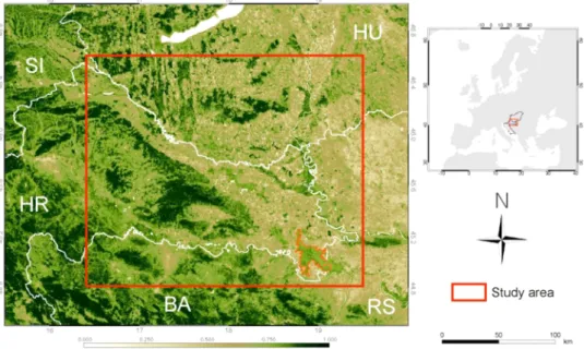Fig. 2. Map of the Hungarian and Croatian study areas located in Central Europe (the base of the map is a MODIS NDVI image from the beginning of September  2019)