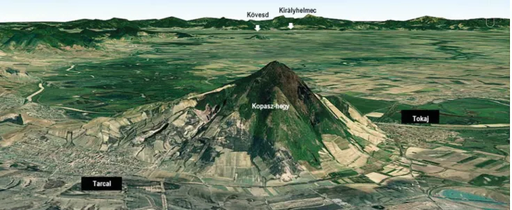 5. ábra A Bodrogköz látványa – előtérben a tokaji Kopasz-hegy, háttérben a kövesdi vulkáni kúp és a királyhelmeci kaldera és kúp mint  pozitív domborzati elemek jelennek meg a Bodrog és a Tisza által határolt síkságon (látvány DNy-ról)