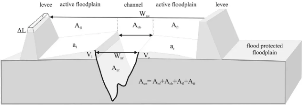 Fig. 3. Parameters used within the study. W bf : bankfull channel width; W tot : entire width of the ﬂoodplain between the levees; A bf : bankfull cross-sectional area of the channel; A ob : area of the cross section above the channel; A ﬂ and A fr : wette