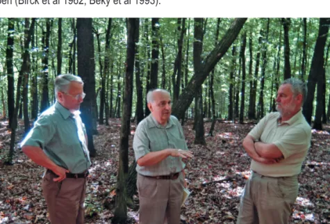2. ábra: Solymos Rezső és Béky Albert mutatják be a tartamkísérleti hálózatot Németh Tamásnak,   az akadémia akkori főtitkárának, Bejcgyertyános, tölgy erdőnevelési sor, 2008.07.04.