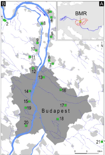 Fig. 1. Sampling area in the Budapest Metropolitan Region, Hungary. Location  of the study site within Europe (A); sampling sites in the region (B)