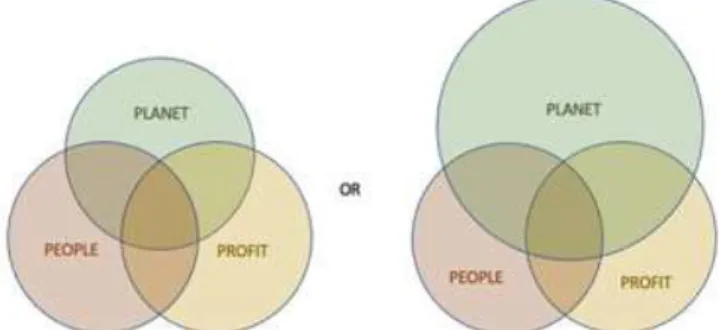 Figure 4.  The triple bottom line Venn Diagram illustrating  on the left a balance in the 3 parts of sustainable  development