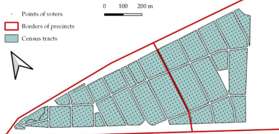 Fig. 1. A sample of the geographical position of Budapest's precincts, census tracts and generated points