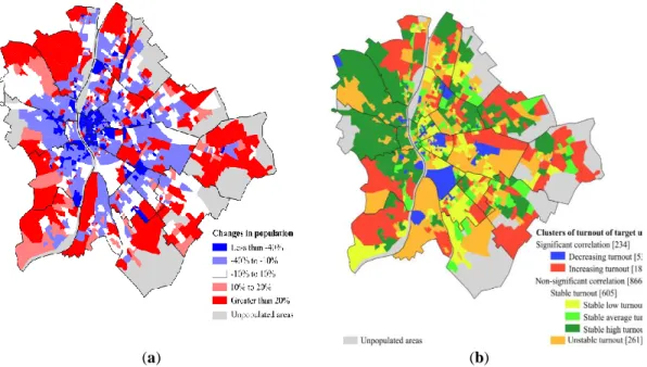 Fig. 4. The spatial structure of population change between 1990 and 2018 (a)   and voter turnout and its temporality (b) in Budapest