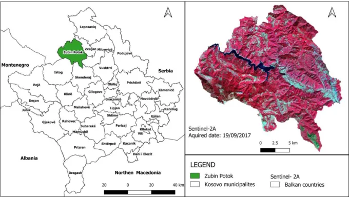 Figure 1. The geographical location of the study area in Kosovo (left), and Sentinel 2A color  composite  map  (right)