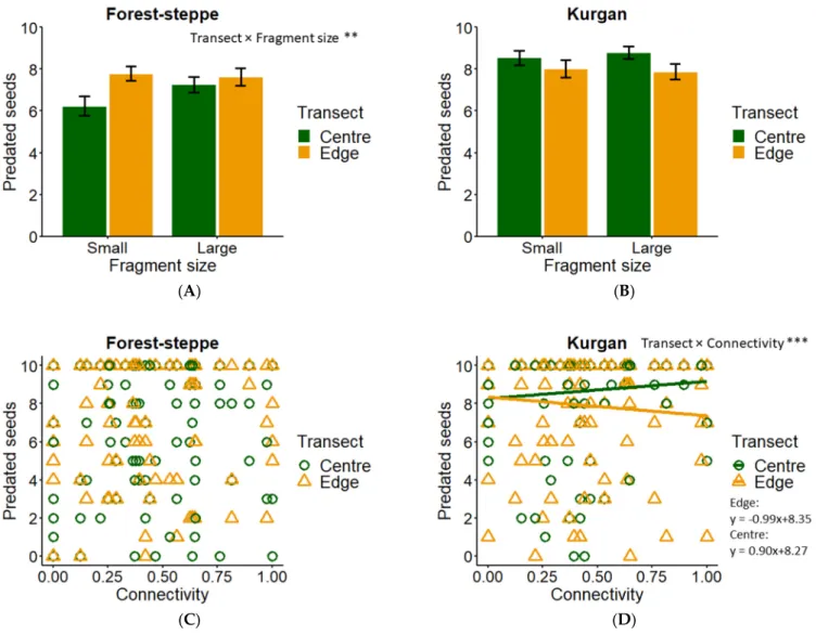 Figure 3. Seed predation. Interacting effect of (A) fragment size and edge effect on seed predation in forest steppes; (B)  fragment size and edge effect on seed predation in kurgans (mean  ±  SE); (C) connectivity and edge effect on seed predation  in for