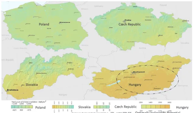 Figure 9. Optimally inclined PV Potential in the Visegrád Countries based on global irradiation and electricity generation data [38].