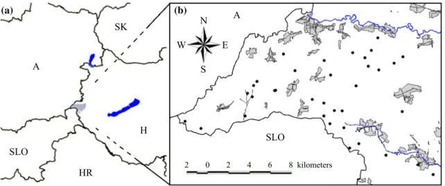 Fig. 1    Borders of West Hungary; Őrség National Park is highlighted by gray (A). Geographical position of the 35 plots (coverage: 160 km 2 ); vil- vil-lages by gray (B)