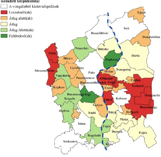 5. ábra: A vizsgált téregység „elmaradott(ak)” klaszterébe tartozó települései a  gazdasági-munkaerőpiaci klasztercsoportok szerint (2019) 