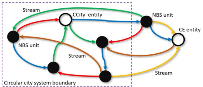 Figure 1. Schematic sketch of a CE network topology with CE and Circular City entities (referred to as “CCity entities”)  as black boxes (nodes) and unidirectional resource streams (links)