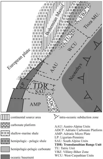 Fig. 2. Paleogeographic position of the Transdanubian Range in the latest Early to early Middle Jurassic (after Haas 2012)
