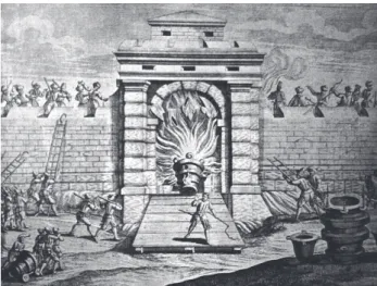 13. ábra. A győri vár Fehérvári kapujának szétrobbantása  1598-ban
