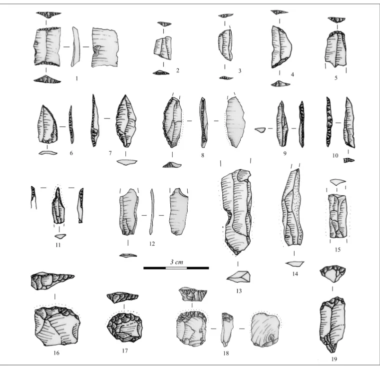 Fig. 4. Chipped stone artefacts from Kaposhomok: 1–4: trapezes; 5: truncated blade; 6: retouched point; 7:  tanged point with  shaft; 8: backed blade; 9: isosceles triangle; 10: asymmetric triangle; 11: drill; 12–15: blades; 16–19: end-scrapers 