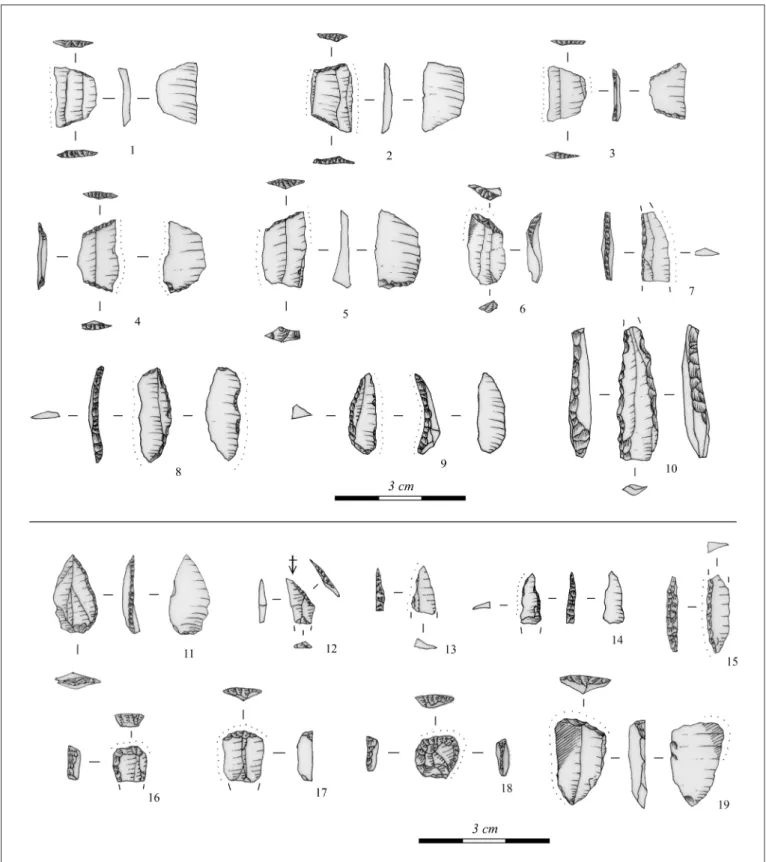 Fig. 6. Chipped stone artefacts from the site of Regöly 2 (1–10: the collection of Viktor Cziráki; 11–18: the find material from  the systematic field survey): 1–5: trapezes; 6, 12, 19: truncated blade; 7, 14–15: backed microblade; 8–9: backed blade; 