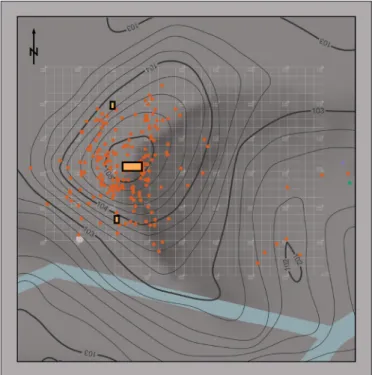 Fig. 7. The surface distribution of the finds, and excavation  trenches at Regöly 2 (graphics: W