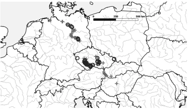 1. ábra A S. echinosperma európai elterjedése (eredeti)   (○: recens adatok, +: 2000 előtti adatok) 
