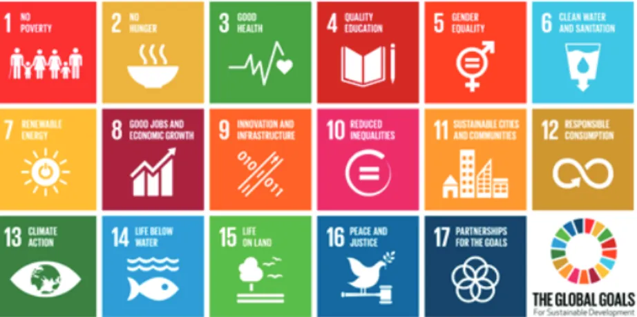 Figure 1. The pictograms of the 17 Sustainable Development Goals (Harvey, 2016). Note,  that these pictograms exist in different versions, especially for Goal 3, 9 and 15.