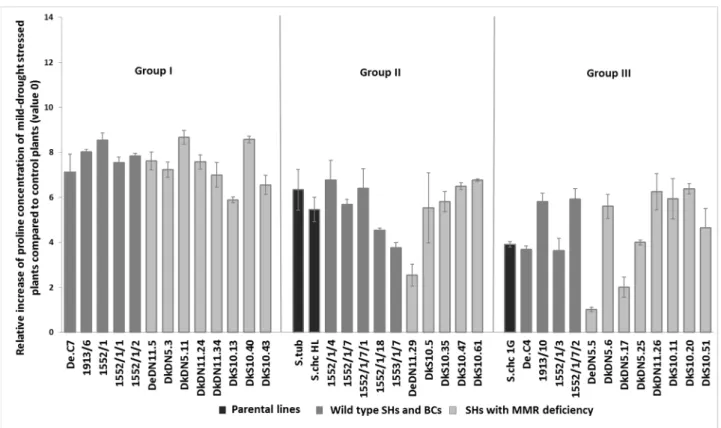 Figure 4. Relative proline concentration changes (mean ± SE, n = 5) during moderate water stress of different  SHs with or without MMR deficiency, BC progenies, and parental lines (S