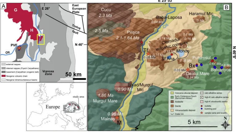 Fig. 1. Simpliﬁed tectonic map of the Călimani-Gurghiu Harghita volcanic chain (A) and a geological map of the studied area (B; yellow rectangle on map A; after Martin et al., 2006;