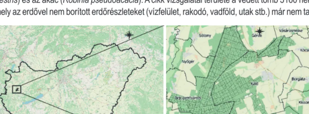 1. ábra: A Sárvári Farkas-erdő elhelyezkedése Magyarország nyugati részén (a) és a településhatárokon belül (b) Figure 1: Location of Farkas-erdő of Sárvár in Western-Hungary (a) and inside the municipality borders (b)