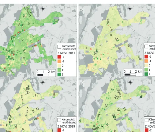 Az elmúlt négy évről készült Z NDVI térképeken (6. ábra) pirossal (Z NDVI &lt; –2,5) jelennek meg a nega- nega-tív  irányban  változott  erdőrészletek  (fakitermelés  vagy  erdőkár),  sárgával  a  kis  változást  mutató  területek  (–0,5 &lt;Z NDVI &lt;0,5
